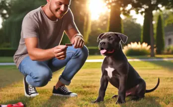 American Bully dog learning basic commands