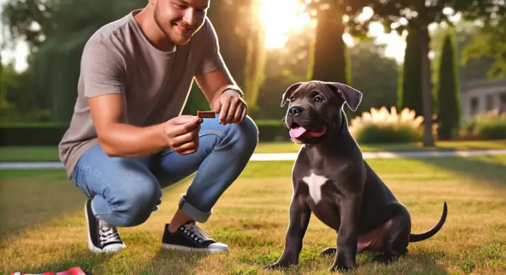 American Bully dog learning basic commands